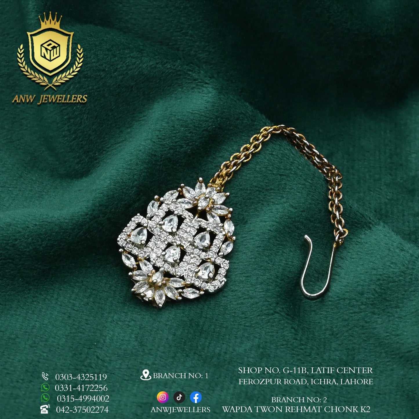 Gold bridal jewelry set pendant with diamond accents on green velvet, ANW Jewellers logo