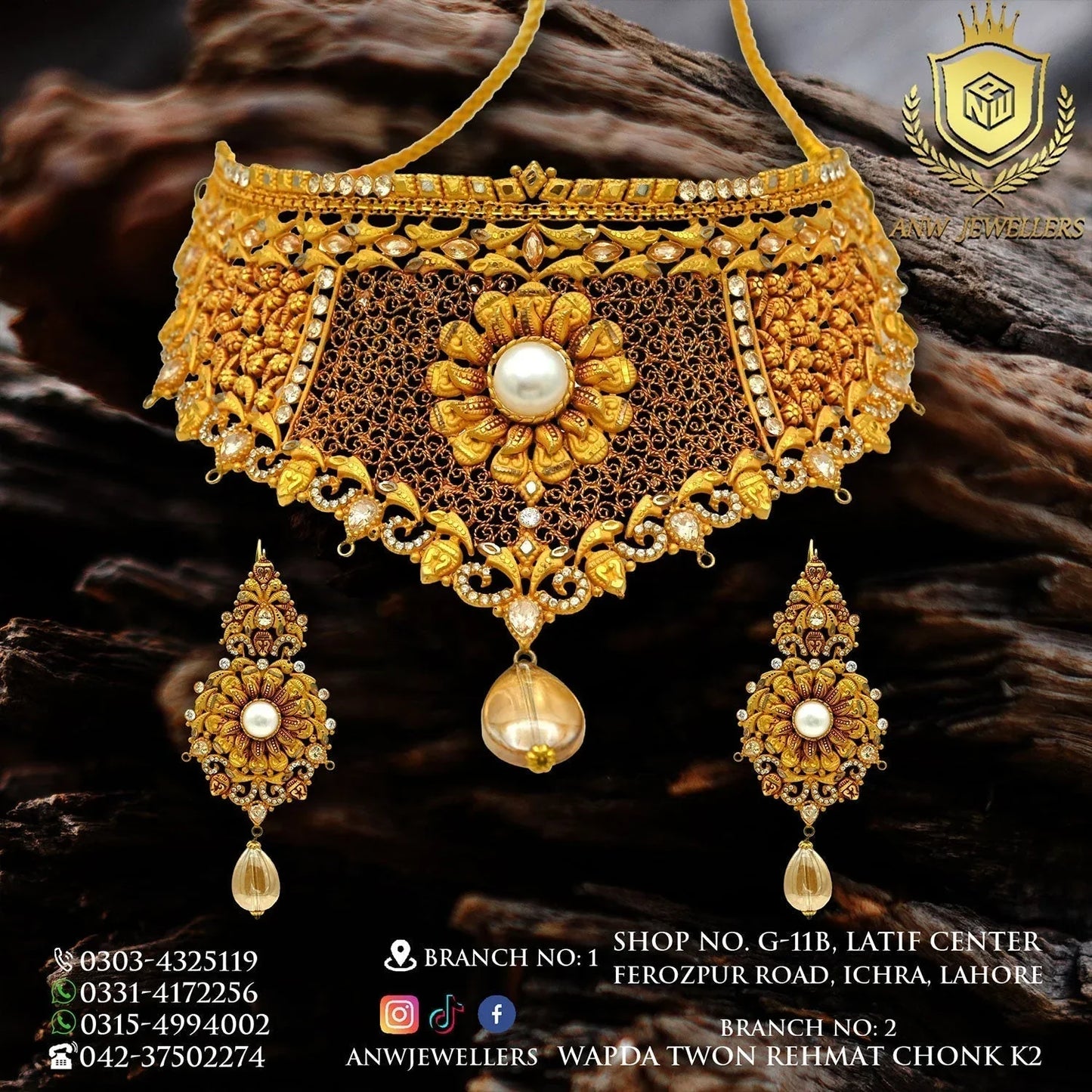 Gold bridal jewelry set with intricate floral choker and matching earrings by ANW Jewellers