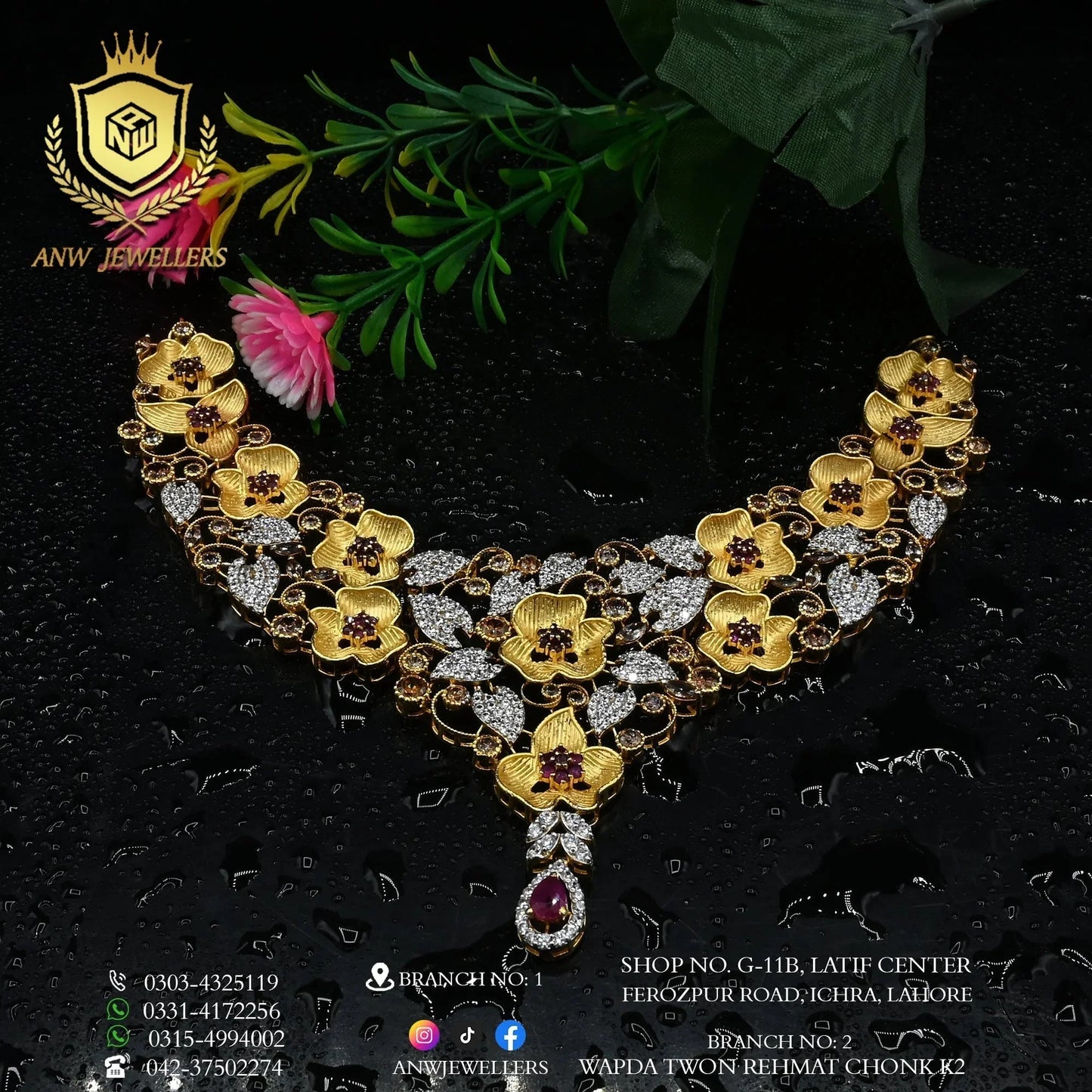 Gold bridal necklace set with floral diamond design on black background, ANW Jewellers