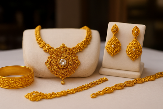 Traditional gold jewelry set with necklace, earrings, bangles, and bracelets on display.