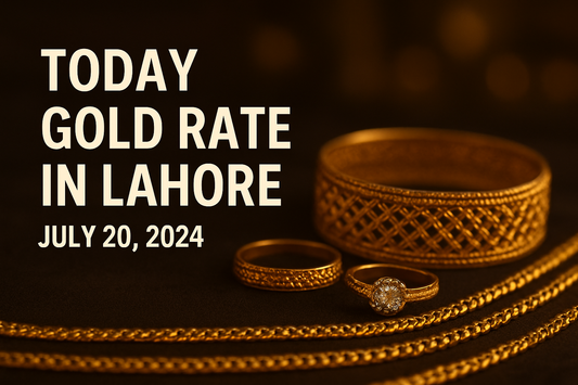 Today gold rate in Lahore July 20, 2024 with gold jewelry, bangles, rings and chains on dark background