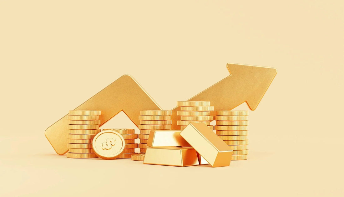 Gold bars and gold coins stacked with upward arrow representing rising gold rate