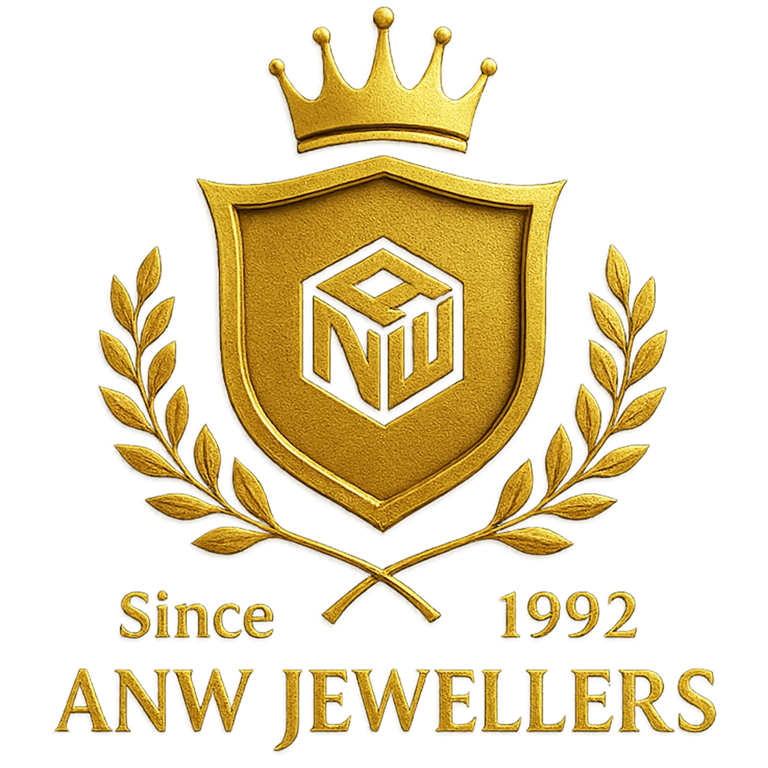 Gold ANW Jewellers crest logo with crown, laurel branches, and text 'Since 1992'.