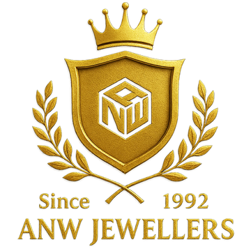 Gold ANW Jewellers crest logo with crown, laurel branches, and text 'Since 1992'.