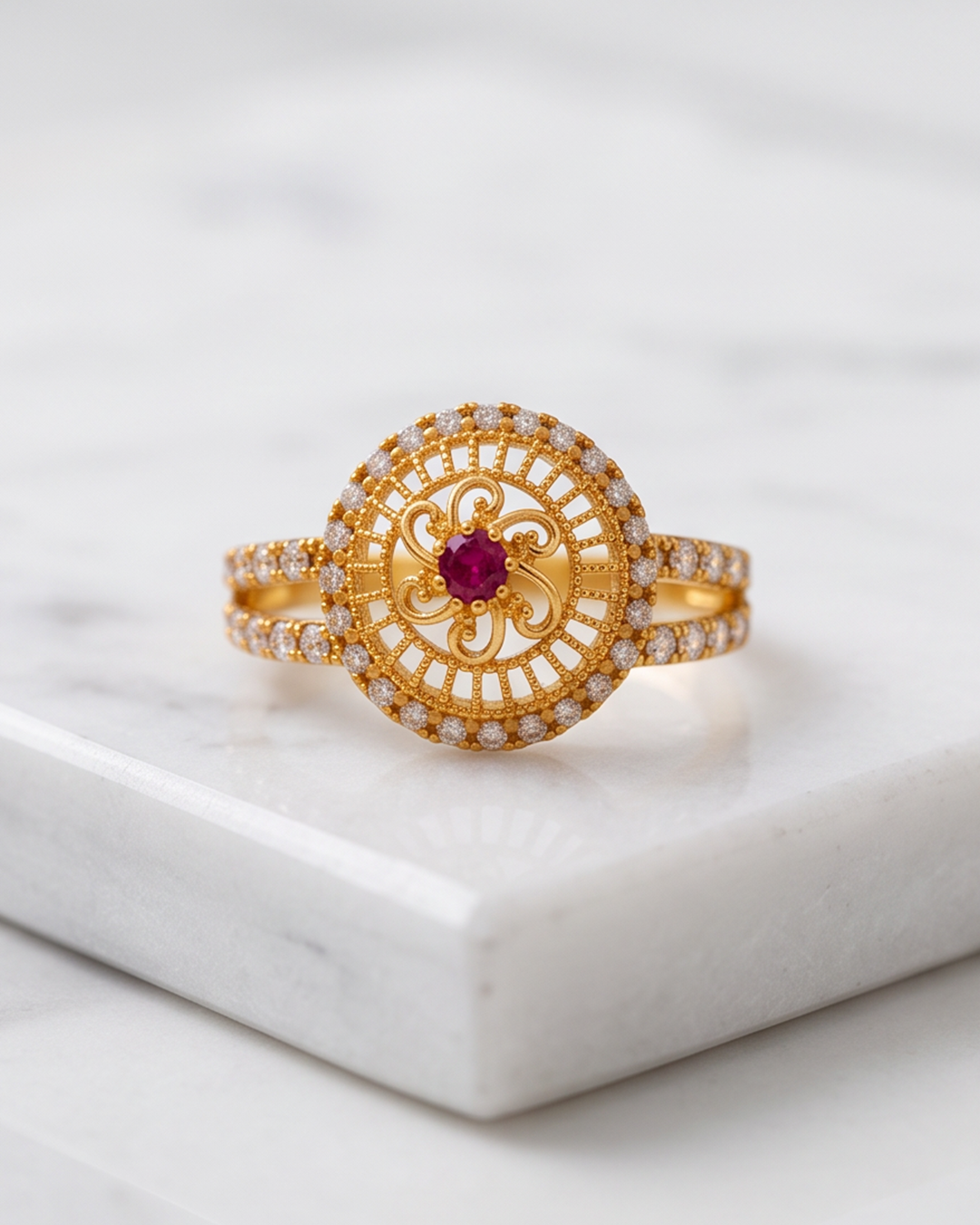 Golden Ruby Floral Designer Ring