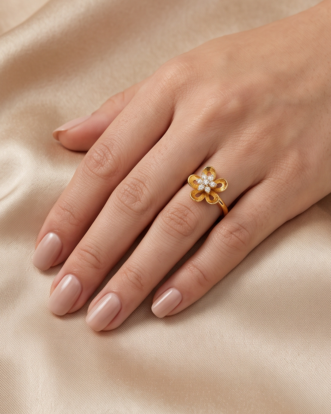 Elegant Golden Flower Diamond Ring