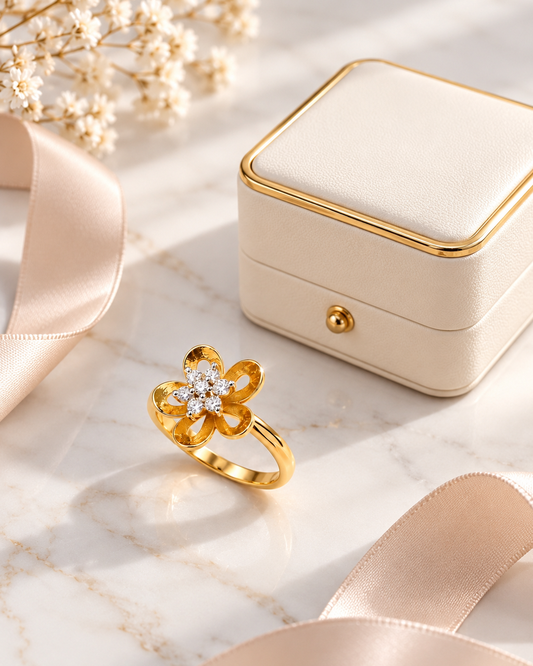 Elegant Golden Flower Diamond Ring