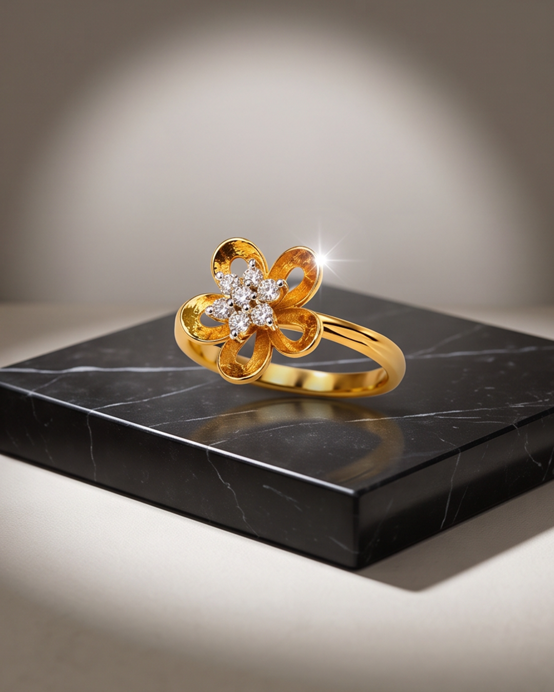 Elegant Golden Flower Diamond Ring