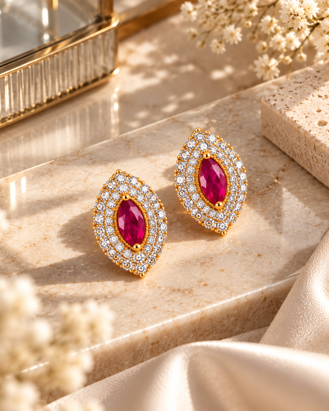 Golden Ruby Halo Earrings