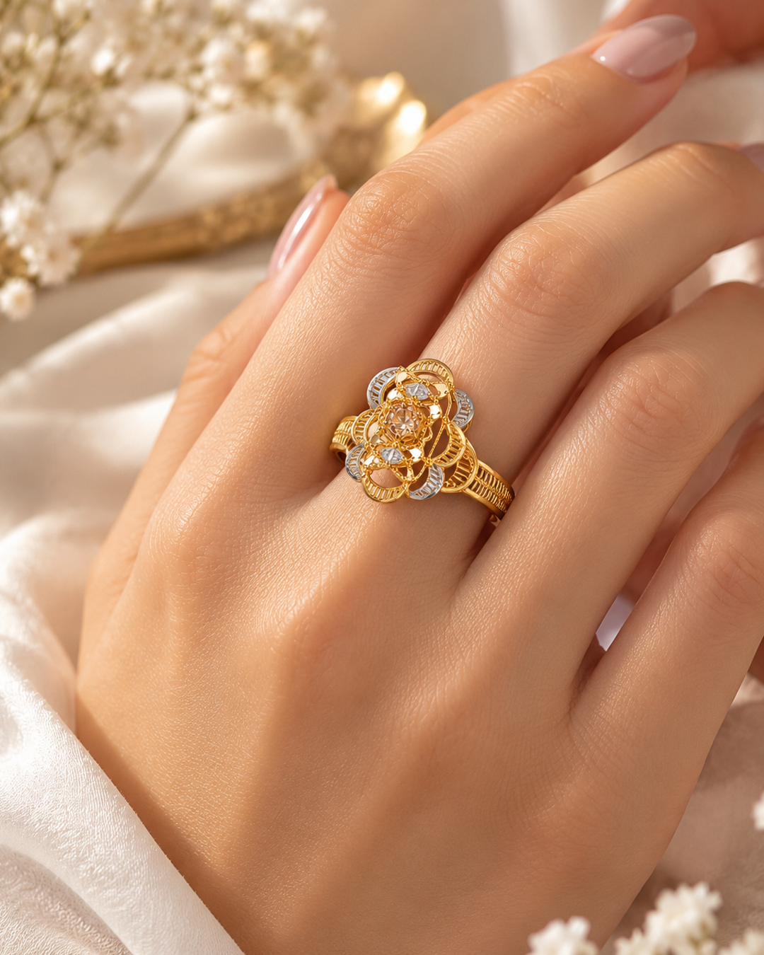 Elegant Two-Tone Golden Floral Ring