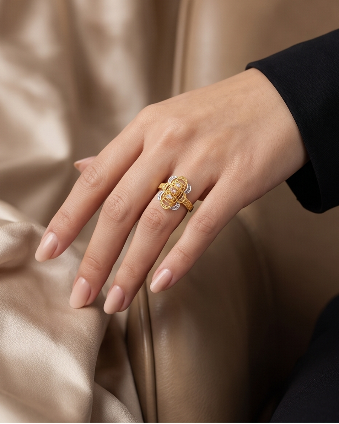 Elegant Two-Tone Golden Floral Ring