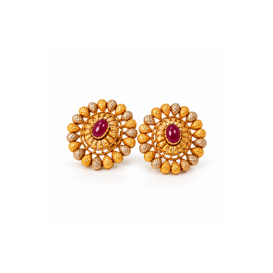 Royal Ruby Gold-Plated Stud Earrings with Crystal Detailing